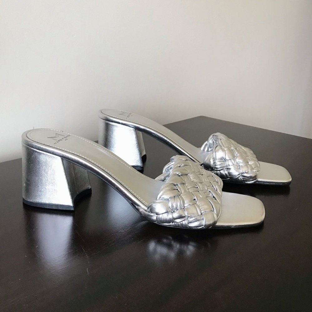 Marc Fisher Silver Braided Leather Block Heel Sandals